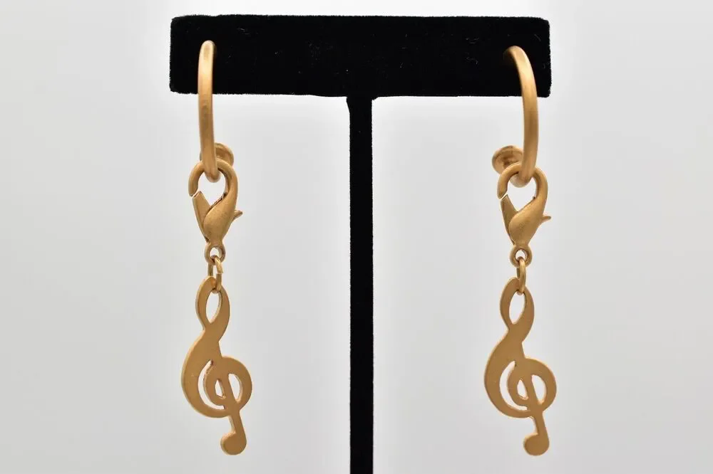 Vintage Treble Clef Earrings Dangle Brushed Gold Music Note Chunky NOS 80s BinBK